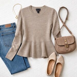 Nanette Lepore 100% Extra Fine Merino Wool Peplum Sweater Large – Beige / Taupe